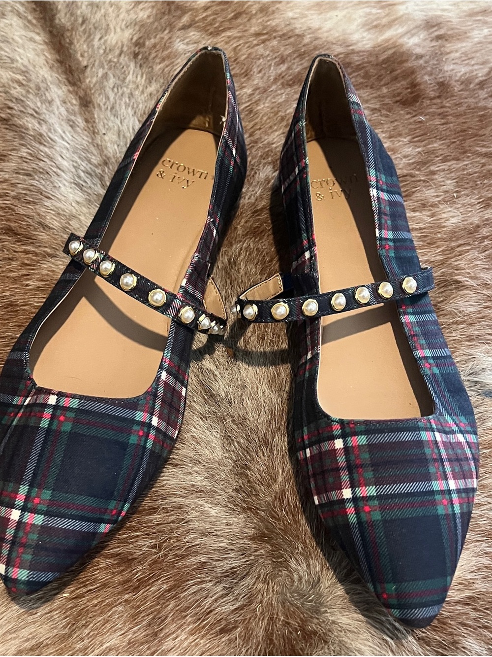 crown & ivy Navy Plaid Pearl-Embellished Mary Jane Flats